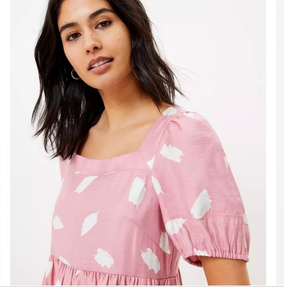ANN TAYLOR LOFT Brushstroke Square Neck Swing Dress in pink/white. Size L NWT - Picture 2 of 15